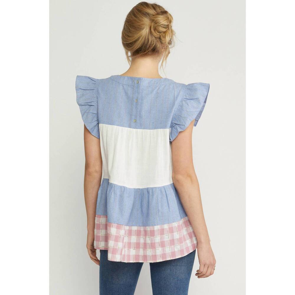 NEW ENTRO mixed print tiered top in blue - Picture 3 of 8
